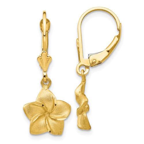 14k-satin-diamond-cut-plumeria-dangle-leverback-earrings-SolomonJeweler-Wichita-KS-CustomJewelry