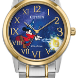 Citizen Eco-Drive watch featuring a blue space-themed dial with Mickey Mouse as a planet, gold-tone Roman numerals, and a two-tone silver and gold stainless steel case and bracelet.