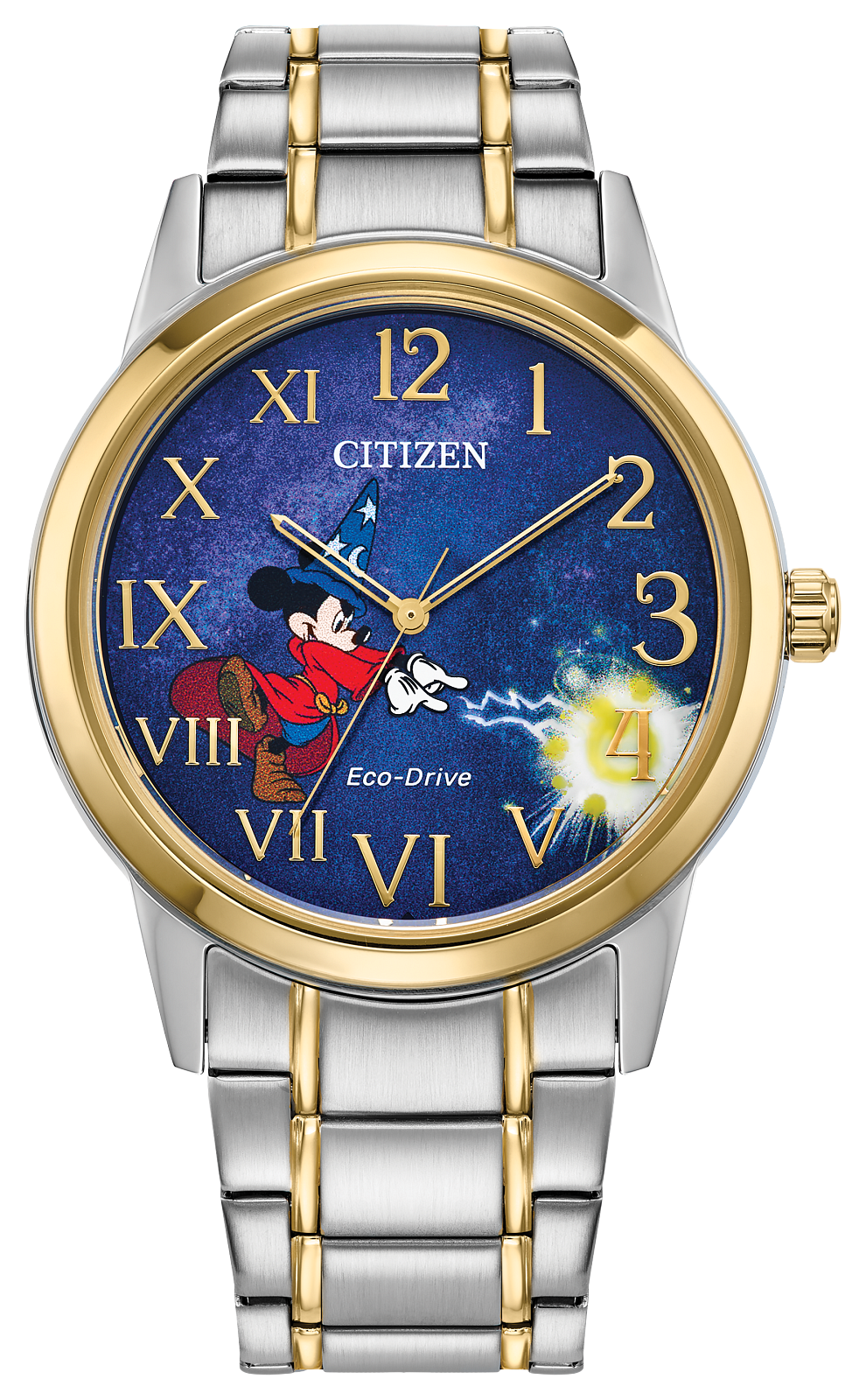 Citizen Eco-Drive watch featuring a blue space-themed dial with Mickey Mouse as a planet, gold-tone Roman numerals, and a two-tone silver and gold stainless steel case and bracelet.