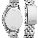 Silver stainless steel watch band with a round case, shown from the back on a clean white background. The band features a polished finish with interlocking links, and the back of the case is visible with Citizen branding and model text.