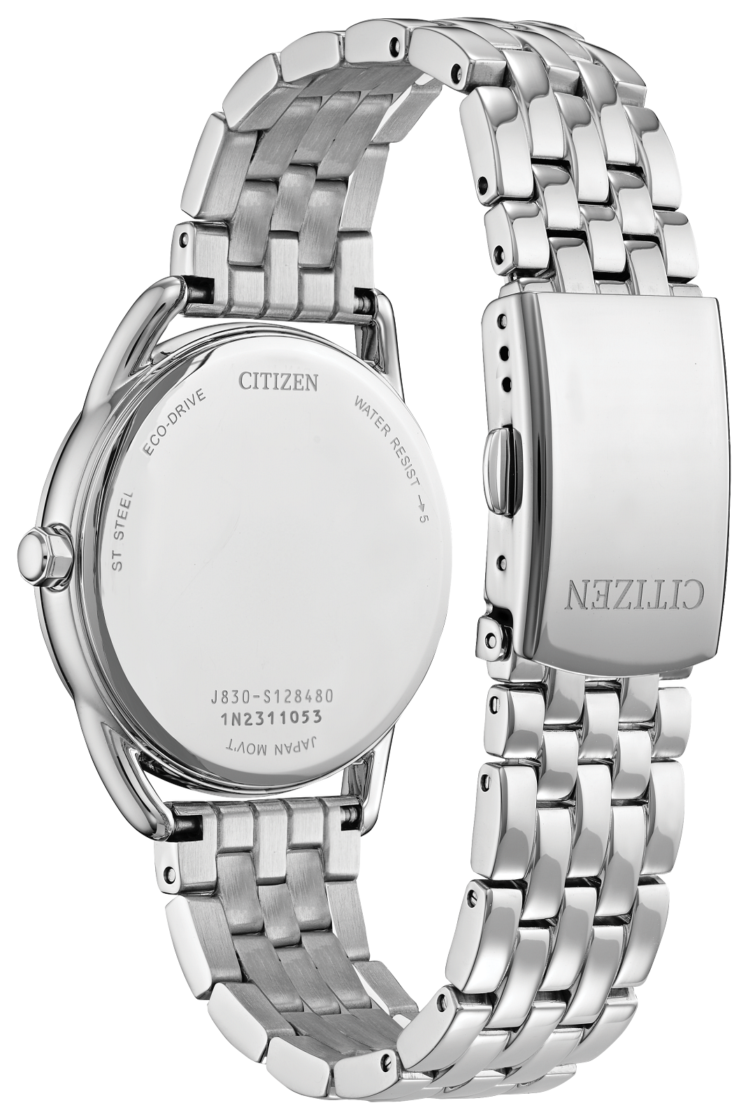 Silver stainless steel watch band with a round case, shown from the back on a clean white background. The band features a polished finish with interlocking links, and the back of the case is visible with Citizen branding and model text.