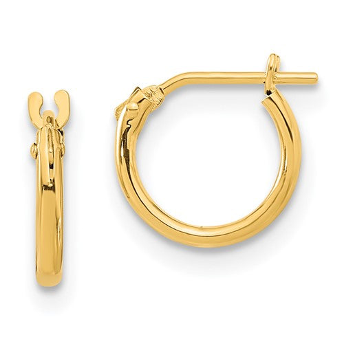 14k gold Madi K hoop earrings by Solomon Jewelers, featuring sleek, shiny hoop design with a polished finish.