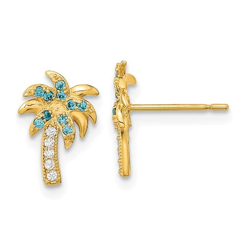 14k-madi-k-blue-clear-cz-palm-tree-post-earrings-SolomonJeweler-Wichita-KS-CustomJewelry