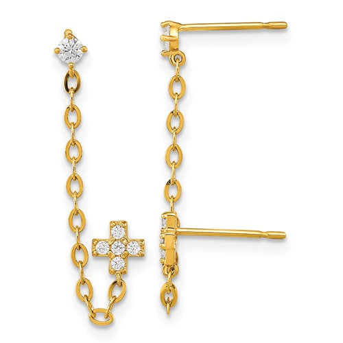 14k-madi-k-double-post-w-chain-cz-cross-earring-single-SolomonJeweler-Wichita-KS-CustomJewelry
