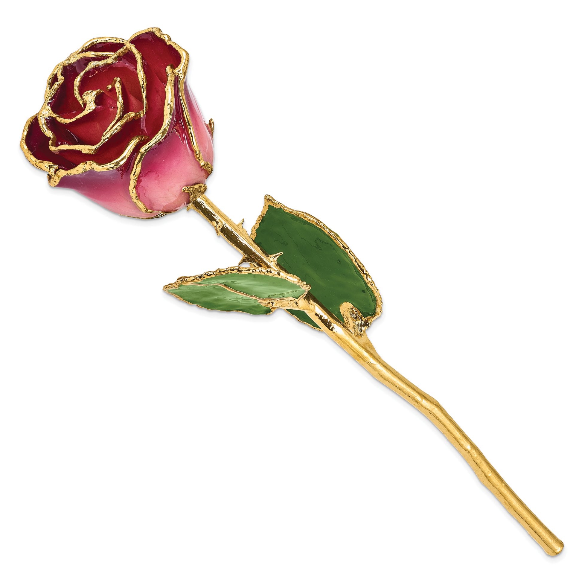 Lacquer Dipped Gold Trim Pink and Burgundy Rose - Solomon Jewelers