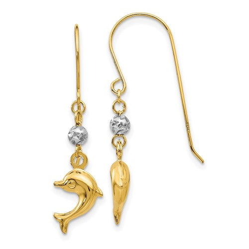 14k-two-toned-puffed-dolphin-shepherd-hook-earrings-SolomonJeweler-Wichita-KS-CustomJewelry