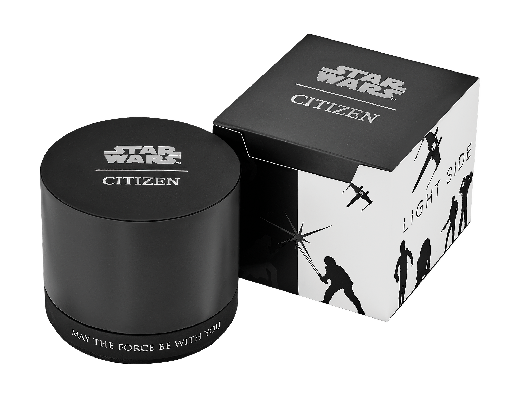 Black cylindrical container and box with 'Star Wars Citizen' branding on a white background