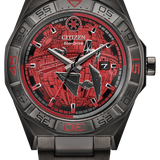 Citizen watch with red face and black strap on white background