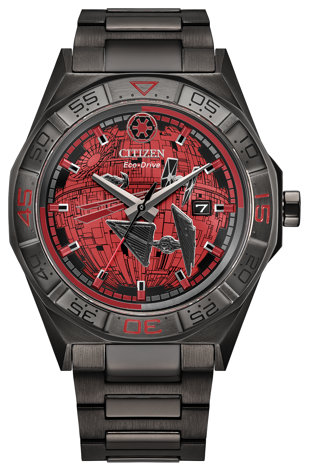 Citizen watch with red face and black strap on white background