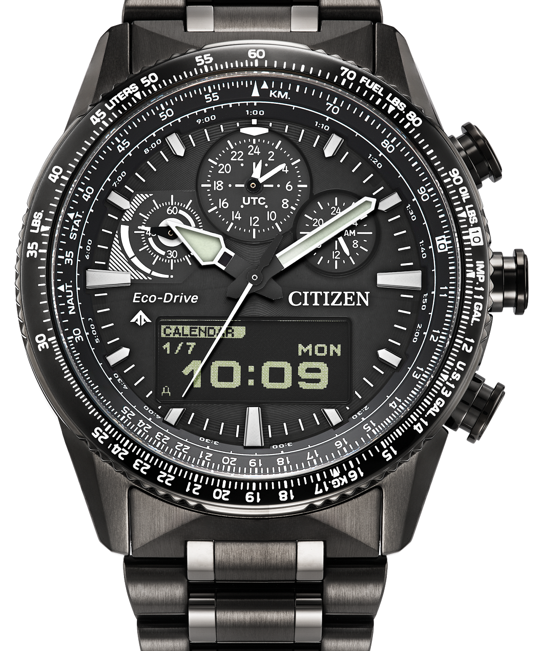 Citizen Eco-Drive wrist watch with a dark metallic stainless steel case and link bracelet, featuring a black dial with white and yellow accents, a digital display, and a tachymeter bezel.
