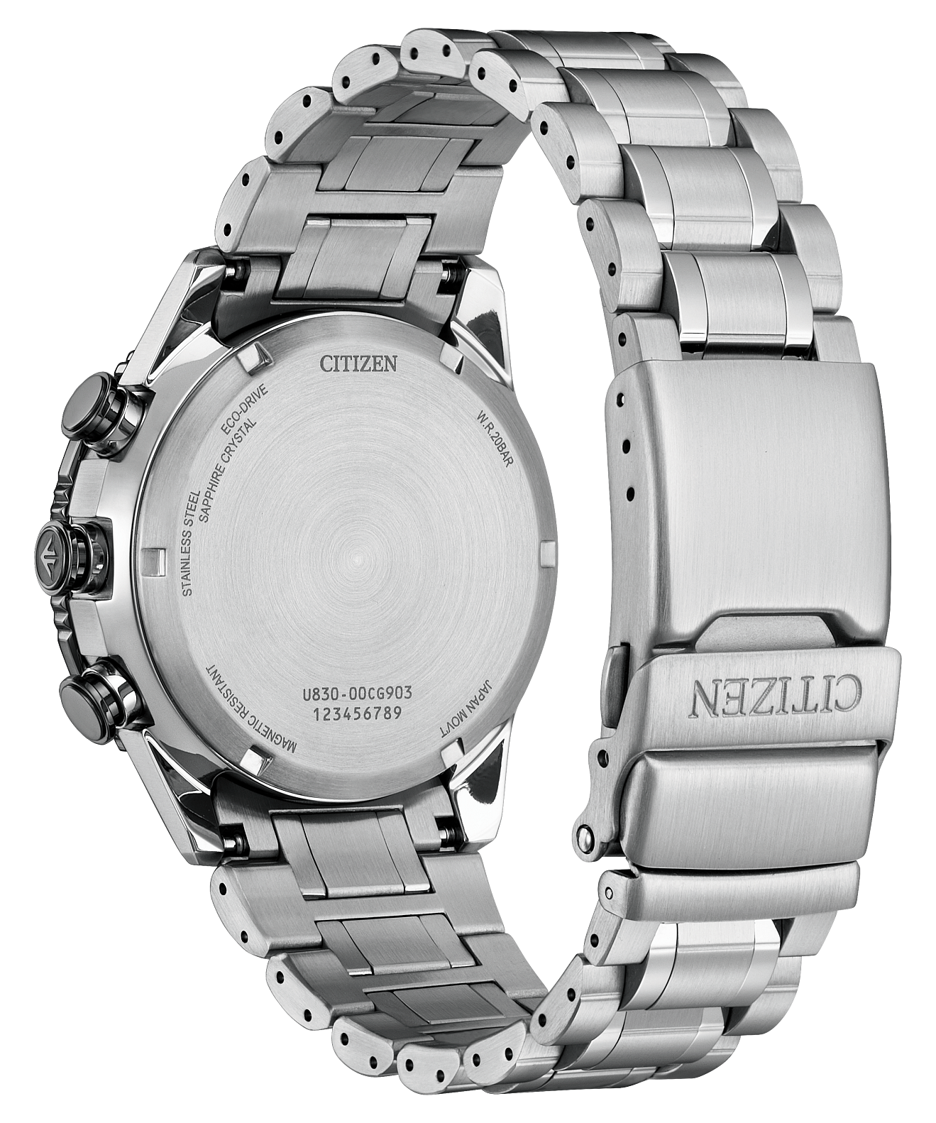 Silver Citizen watch with metal band on a black background