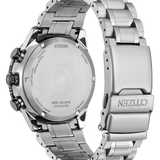 Silver Citizen watch with metal band on a black background