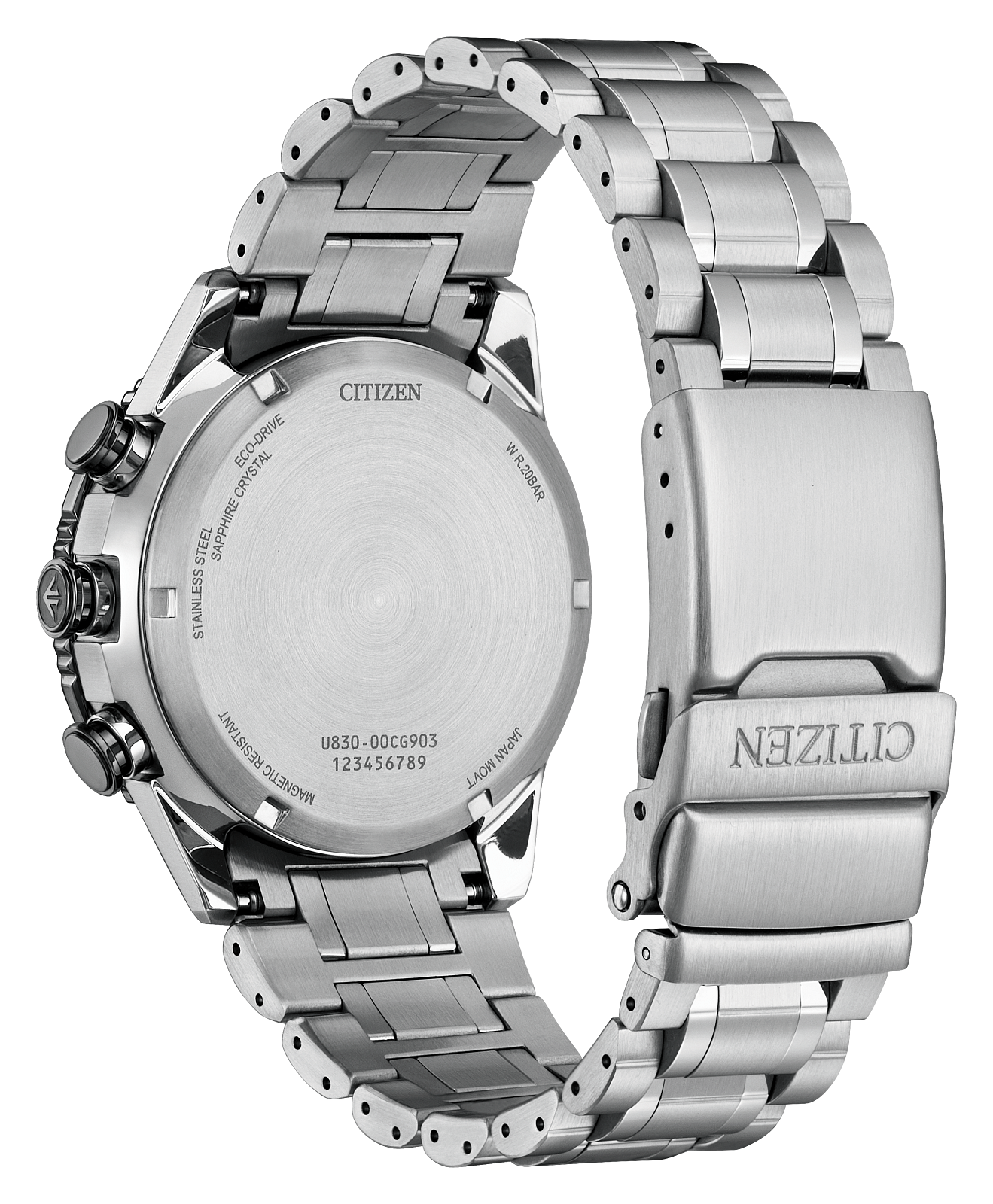 Silver Citizen watch with metal band on a black background