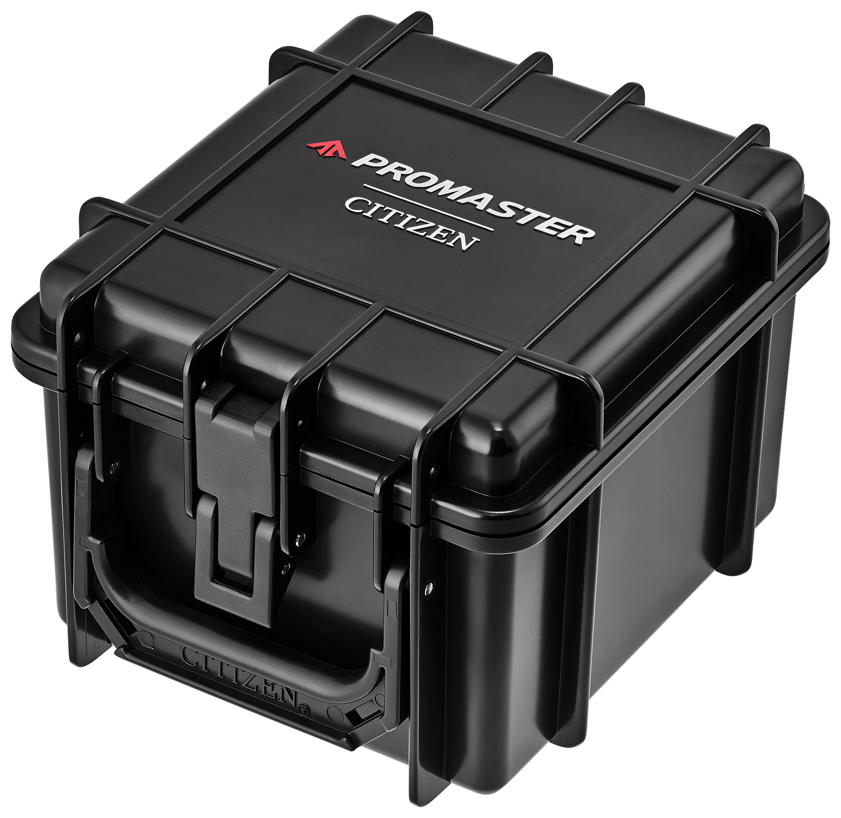 A black hard protective case with latches and straps, branded PROMASTER and CITIZEN on the lid, shown on a plain white background.
