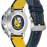 A Citizen watch shown from the back, featuring a navy blue leather strap with bright yellow stitching and a yellow interior lining. The silver-tone case back displays the blue and yellow Los Angeles Chargers team logo.