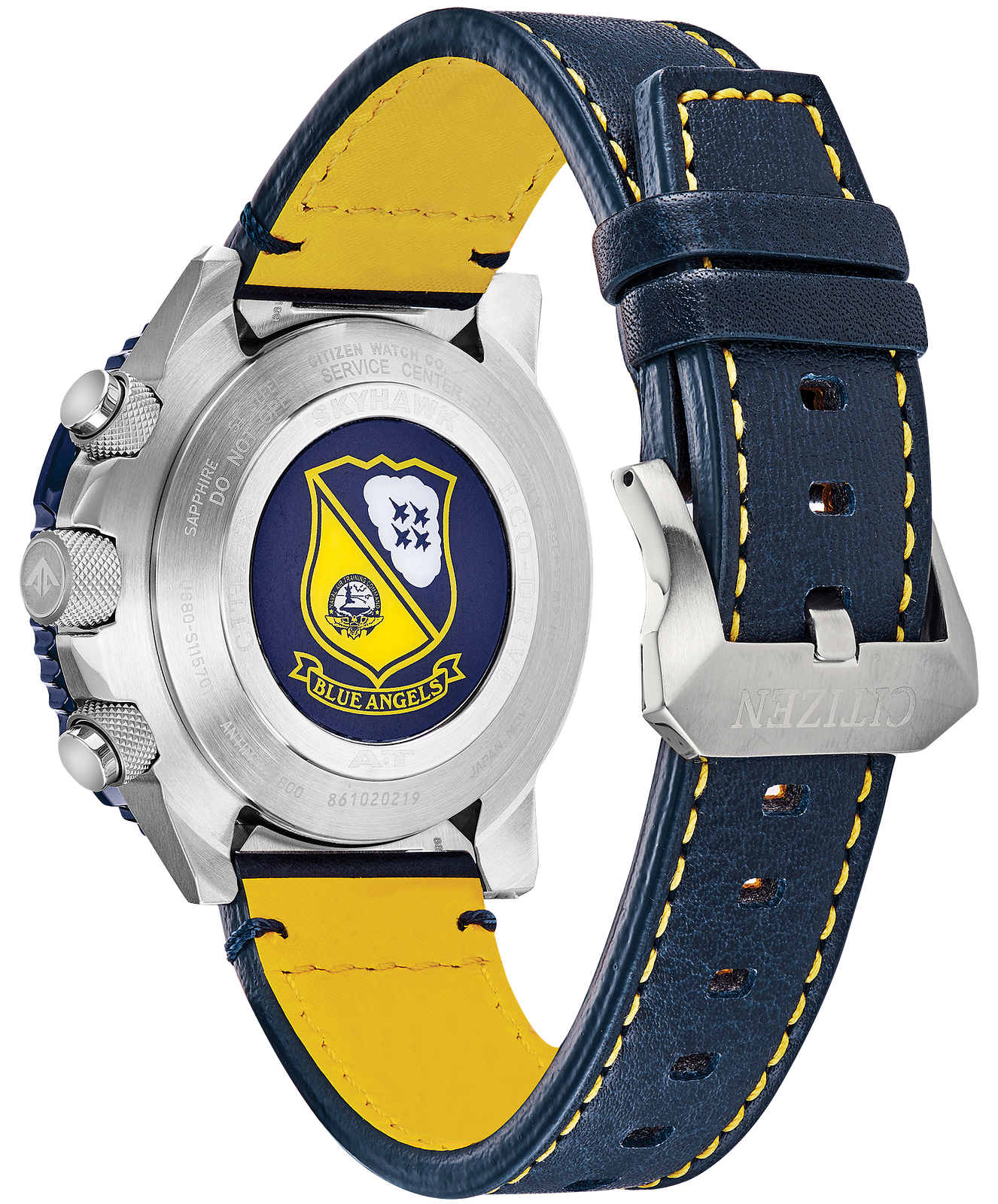 A Citizen watch shown from the back, featuring a navy blue leather strap with bright yellow stitching and a yellow interior lining. The silver-tone case back displays the blue and yellow Los Angeles Chargers team logo.