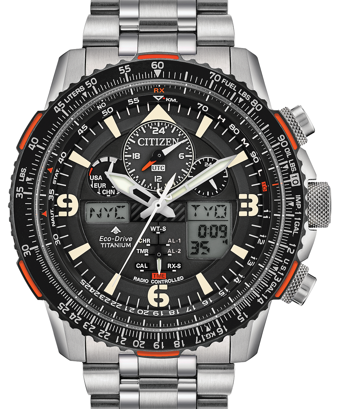 Citizen Eco-Drive Titanium analog chronograph watch with a stainless steel link bracelet, featuring a black dial, silver-tone case, and orange accents on the bezel and subdials.