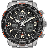 Citizen Eco-Drive Titanium analog chronograph watch with a stainless steel link bracelet, featuring a black dial, silver-tone case, and orange accents on the bezel and subdials.