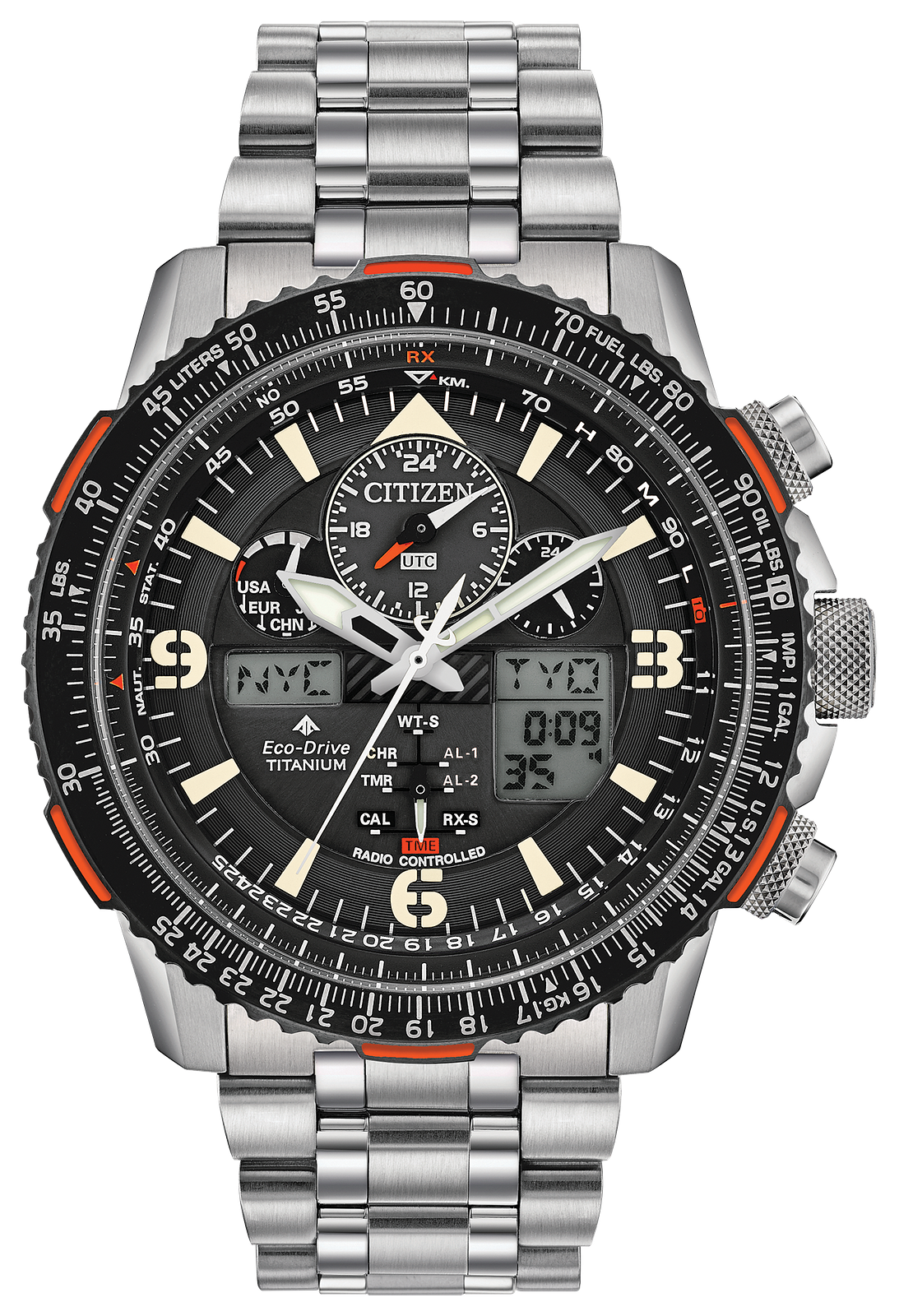 Citizen Eco-Drive Titanium analog chronograph watch with a stainless steel link bracelet, featuring a black dial, silver-tone case, and orange accents on the bezel and subdials.