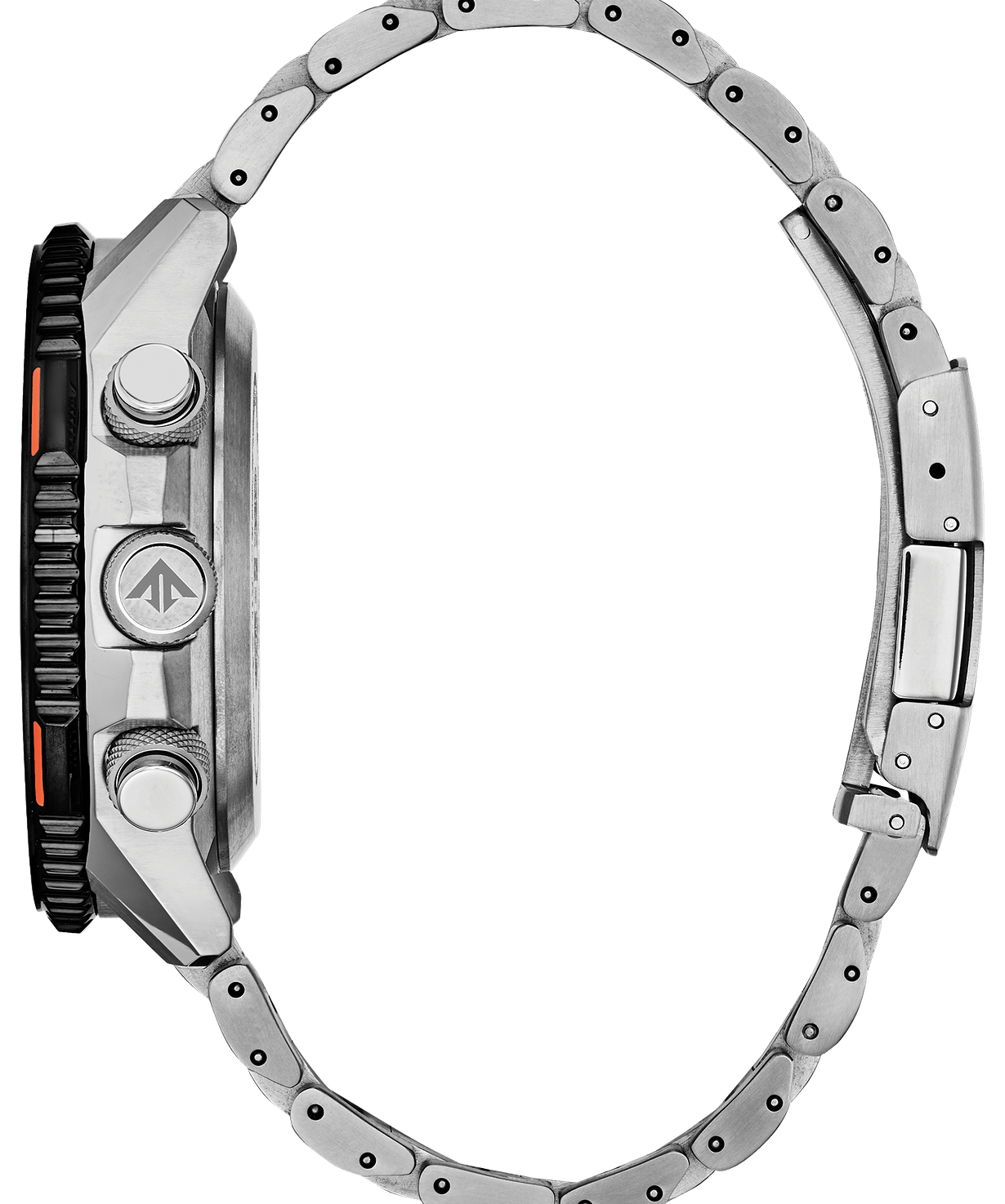 Close-up side view of a stainless steel watch with a metal link bracelet, featuring a black rotating bezel with an orange accent and silver pushers on a white background.