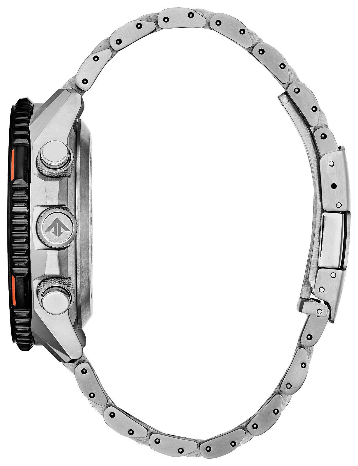 Close-up side view of a stainless steel watch with a metal link bracelet, featuring a black rotating bezel with an orange accent and silver pushers on a white background.