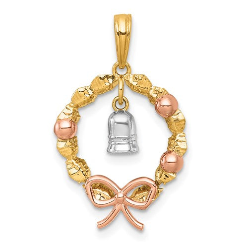 14k-two-tone-with-rose-plating-polished-wreath-with-bell-charm-SolomonJeweler-Wichita-KS-CustomJewelry
