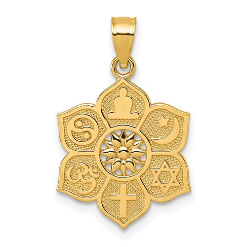 14k-polished-and-textured-multi-faith-symbol-flower-pendant-SolomonJeweler-Wichita-KS-CustomJewelry