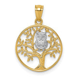 14k-and-rhodium-textured-owl-sitting-in-tree-in-circle-pendant-SolomonJeweler-Wichita-KS-CustomJewelry