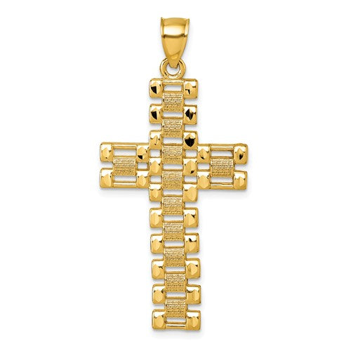 14k-polished-diamond-cut-textured-fancy-link-cross-pendant-SolomonJeweler-Wichita-KS-CustomJewelry