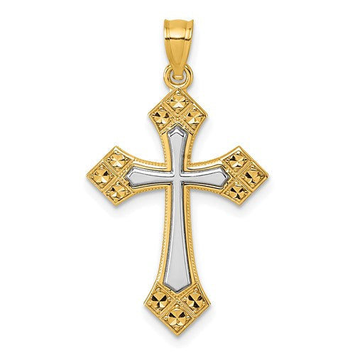 14k-two-tone-diamond-cut-polished-cross-pendant-SolomonJeweler-Wichita-KS-CustomJewelry