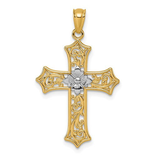 14k-and-rhodium-polished-floral-cross-pendant-SolomonJeweler-Wichita-KS-CustomJewelry
