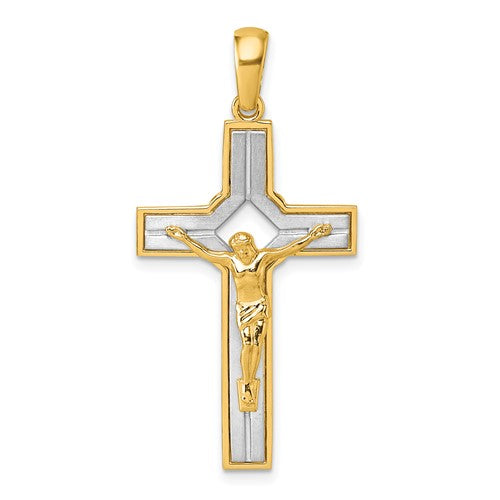 14k-two-tone-polished-and-satin-crucifix-with-square-cut-out-pendant-SolomonJeweler-Wichita-KS-CustomJewelry
