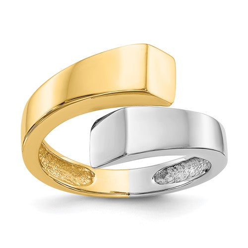 14k two-tone square overlapping ring, gold and silver jewelry, stylish design, Solomon Jewelers ring on display.
