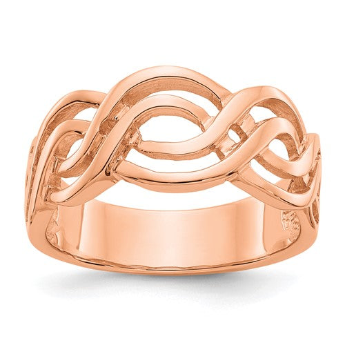 14k rose gold infinity ring featuring a delicate design, crafted by Solomon Jewelers, perfect for elegant jewelry collection.