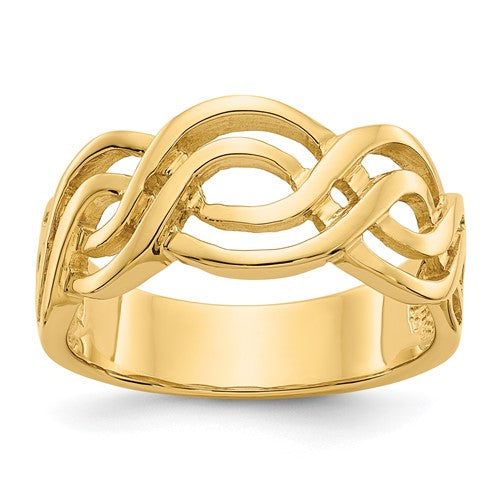 14k gold infinity ring featuring a smooth, polished design, crafted by Solomon Jewelers.
