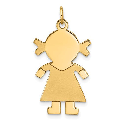 14k satin gold girl charm pendant from Solomon Jewelers, featuring a delicate design in gold jewelry.
