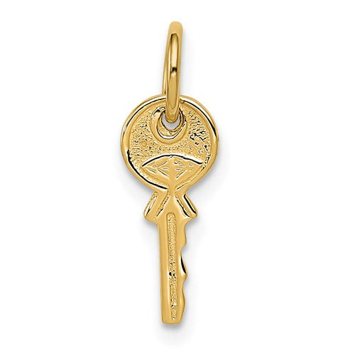 14K polished gold 3D rounded top key charm pendant, designed by Solomon Jewelers, with detailed craftsmanship.
