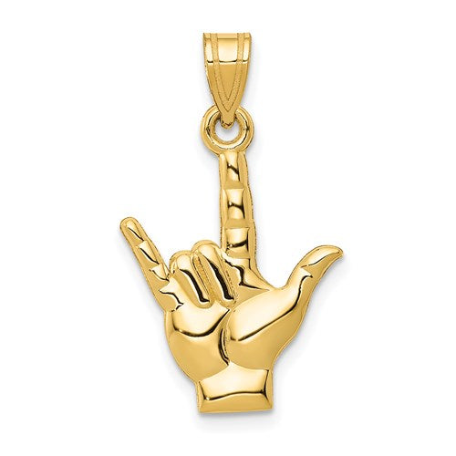 14k polished gold "I Love You" hand sign language charm pendant detailed with engraved design, perfect for jewelry accessories