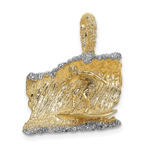 14K gold and rhodium surfer in wave charm from Solomon Jewelers, featuring detailed 3D design on a gold pendant.