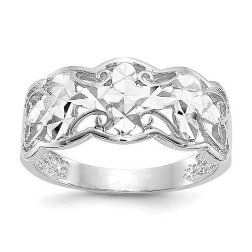 14k white gold diamond-cut wave ring, elegant jewelry piece with shimmering design, by Solomon Jewelers.
