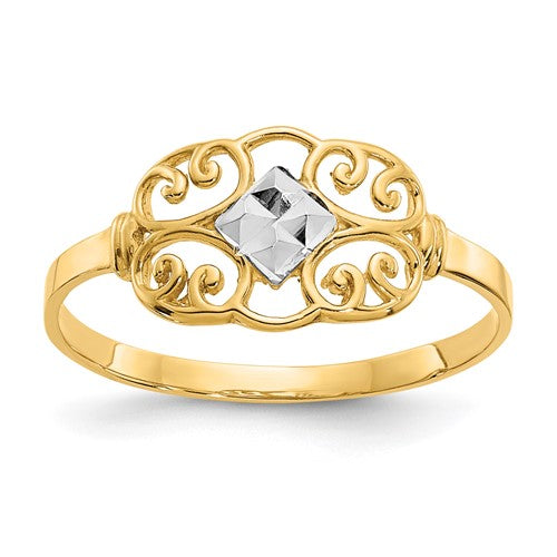 14K gold rhodium filigree ring with intricate designs from Solomon Jewelers, showcasing detailed craftsmanship and elegant jewelry style.