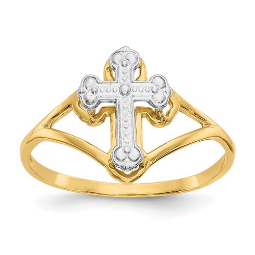 14k white gold rhodium cross ring from Solomon Jewelers, featuring a detailed cross design on a sleek band.