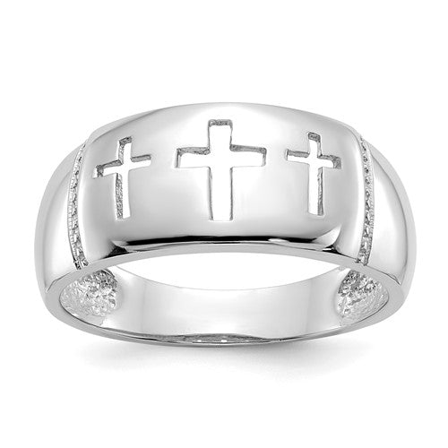 14k white gold polished ring with three cross cut-out design, elegant jewelry piece from Solomon Jewelers.