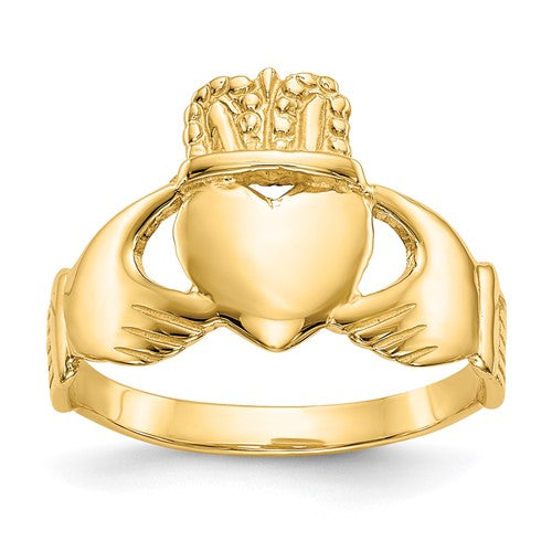 14k gold ladies Claddagh ring featuring a heart, crown, and hands design, crafted by Solomon Jewelers.