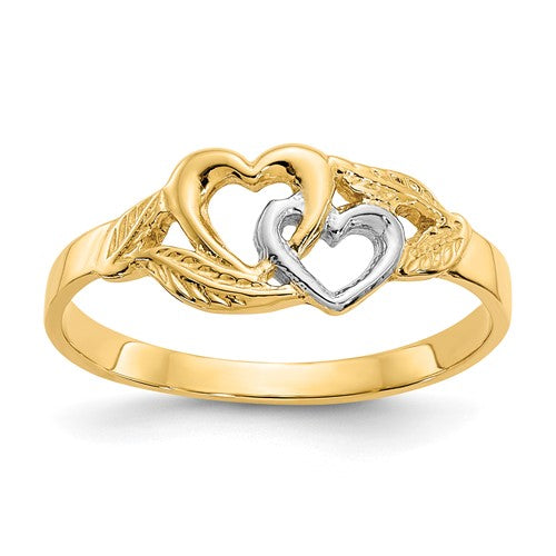 Polished 14K white rhodium hearts ring with two interconnected hearts, elegant jewelry piece by Solomon Jewelers.