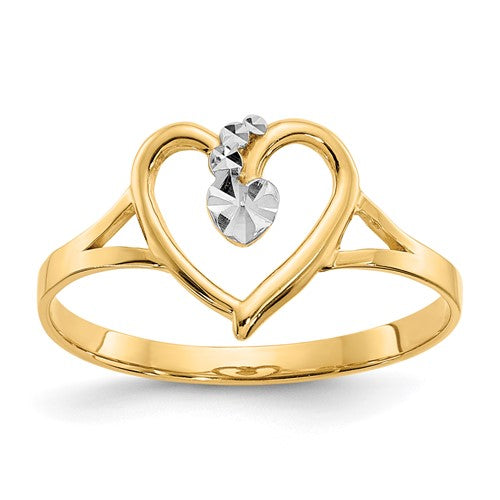 Polished 14K gold and white rhodium heart-shaped ring with detailed design, jewelry ring by Solomon Jewelers.
