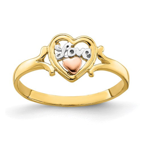 14k yellow and rose gold love heart ring with rhodium accents, crafted by Solomon Jewelers, showcasing a romantic jewelry design.