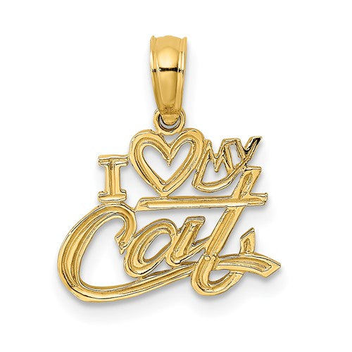 Gold 14k I Heart My Cat charm pendant featuring a heart and cat design, ideal for jewelry and gift accessories.