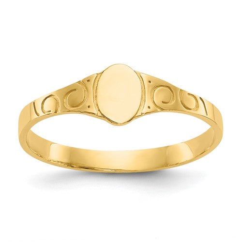 14k polished oval baby signet ring from Solomon Jewelers, featuring a smooth, shiny gold finish and classic ring design.