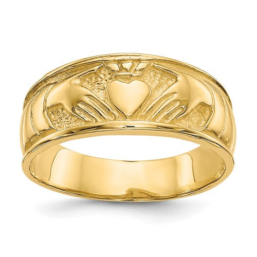14k gold ladies Claddagh ring showcasing Celtic heart and hands design, crafted by Solomon Jewelers.